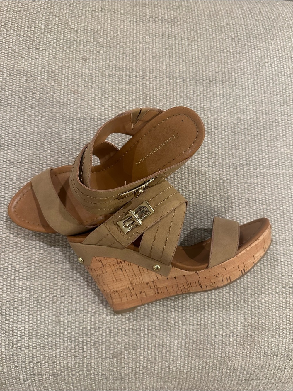 Tommy Hilfiger Tan Cork Platform Wedge Sandals